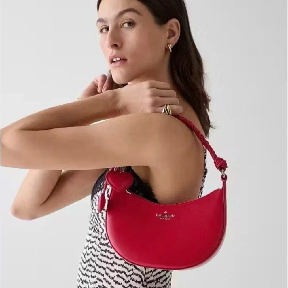 Kate Spade Red heart Nova Braided Handle Small Crescent Shoulder/Crossbody Bag - Picture 9 of 10